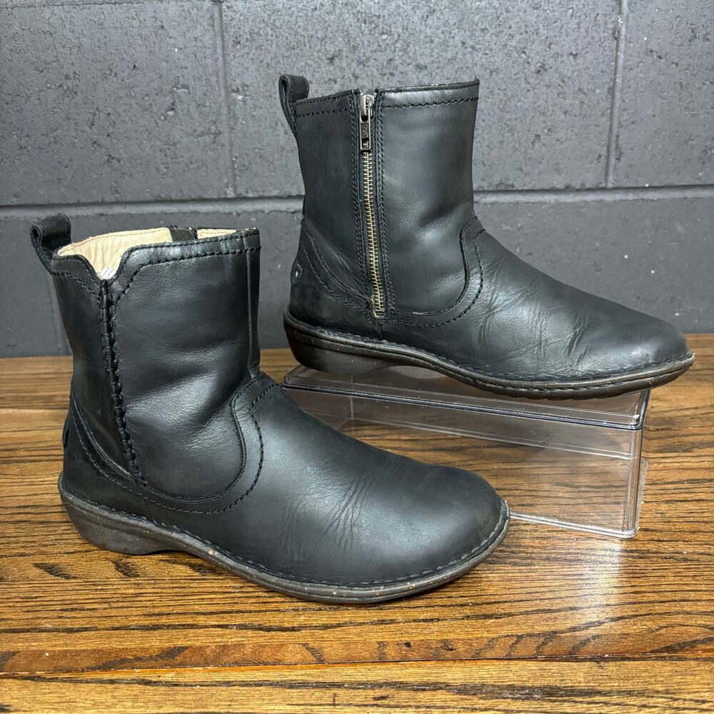 UGG Black Leather Shearling Lined Ankle Boots Women’s Size 8 Moto Zip